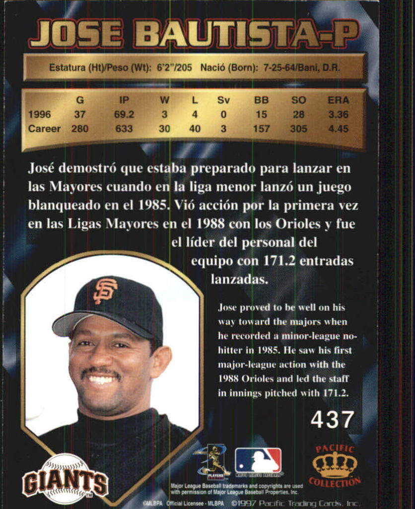 1997 Pacific #437 Jose Bautista back image
