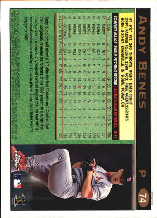1997 Topps Chrome Refractors #74 Andy Benes back image