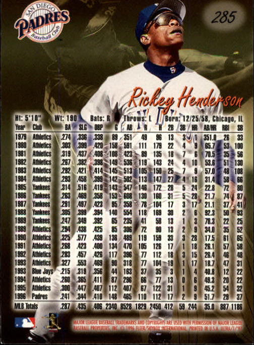 1997 Ultra #285 Rickey Henderson back image