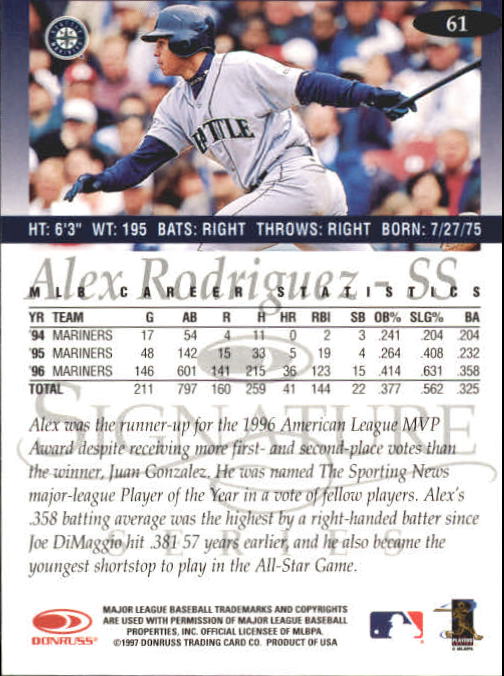 1997 Donruss Signature #61 Alex Rodriguez back image