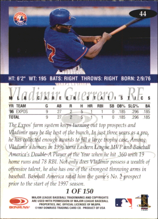 1997 Donruss Signature Platinum Press Proofs #44 Vladimir Guerrero back image