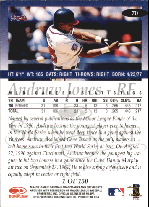 1997 Donruss Signature Platinum Press Proofs #70 Andruw Jones back image