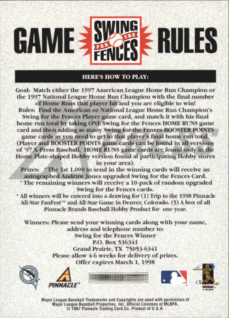 1997 Pinnacle X-Press Swing for the Fences #2 Moises Alou back image