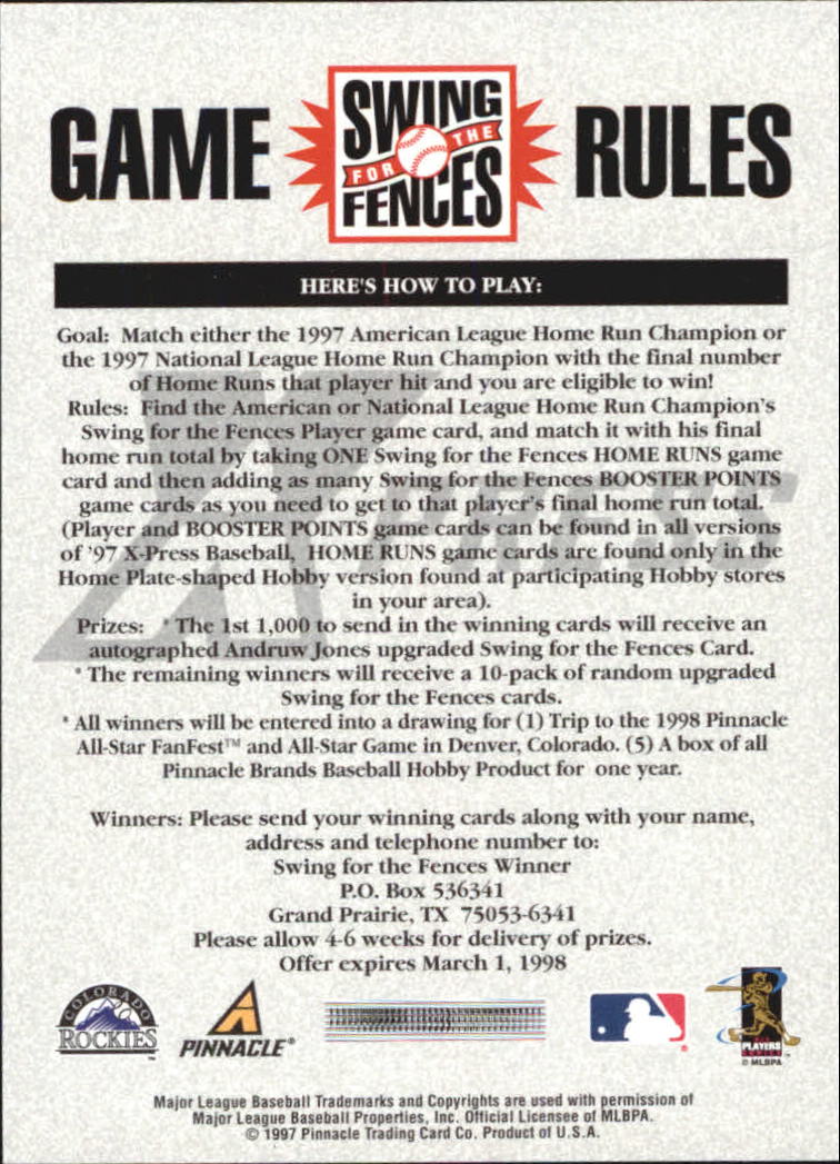 1997 Pinnacle X-Press Swing for the Fences #9 Dante Bichette back image
