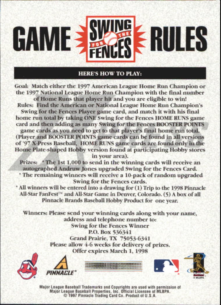 1997 Pinnacle X-Press Swing for the Fences #55 Jim Thome - @WHS