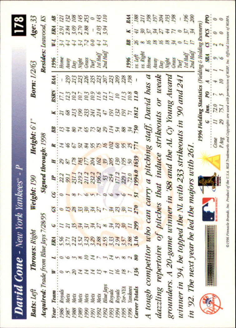 1997 Score #178 David Cone back image