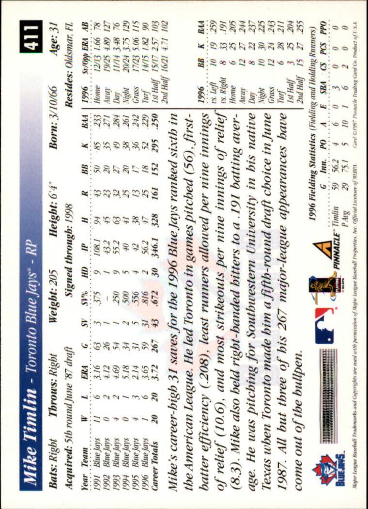 1997 Score #411 Mike Timlin back image