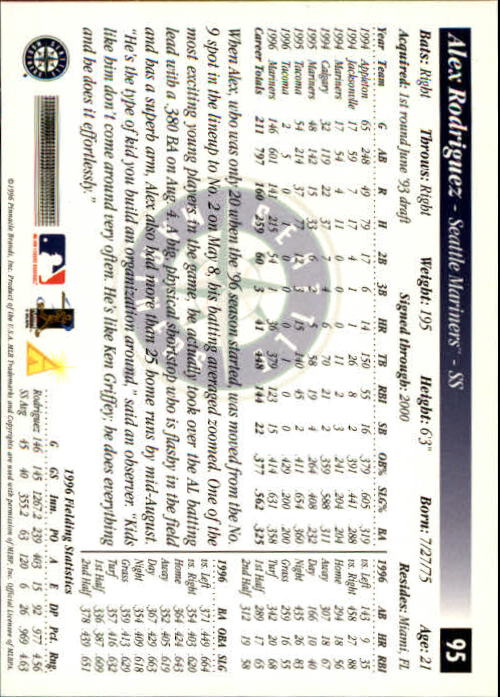 1997 Score Premium Stock #95 Alex Rodriguez back image