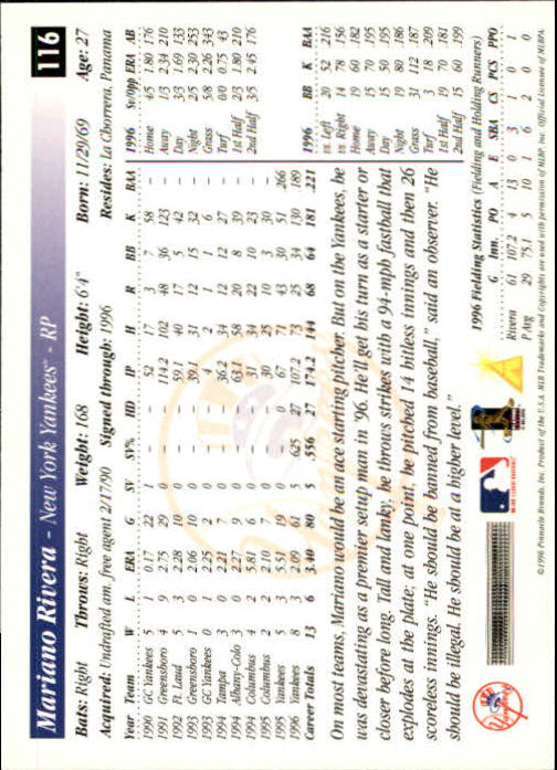 1997 Score Premium Stock #116 Mariano Rivera back image