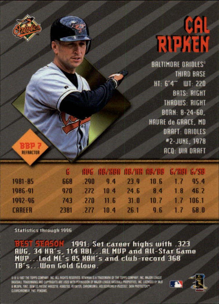 1997 Bowman's Best Preview Refractor #BBP7 Cal Ripken back image