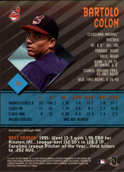 1997 Bowman's Best #111 Bartolo Colon back image
