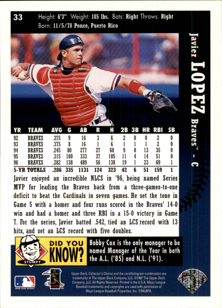 1997 Collector's Choice #33 Javier Lopez back image