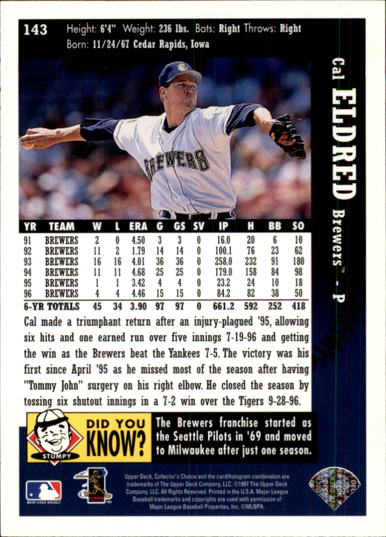 1997 Collector's Choice #143 Cal Eldred back image