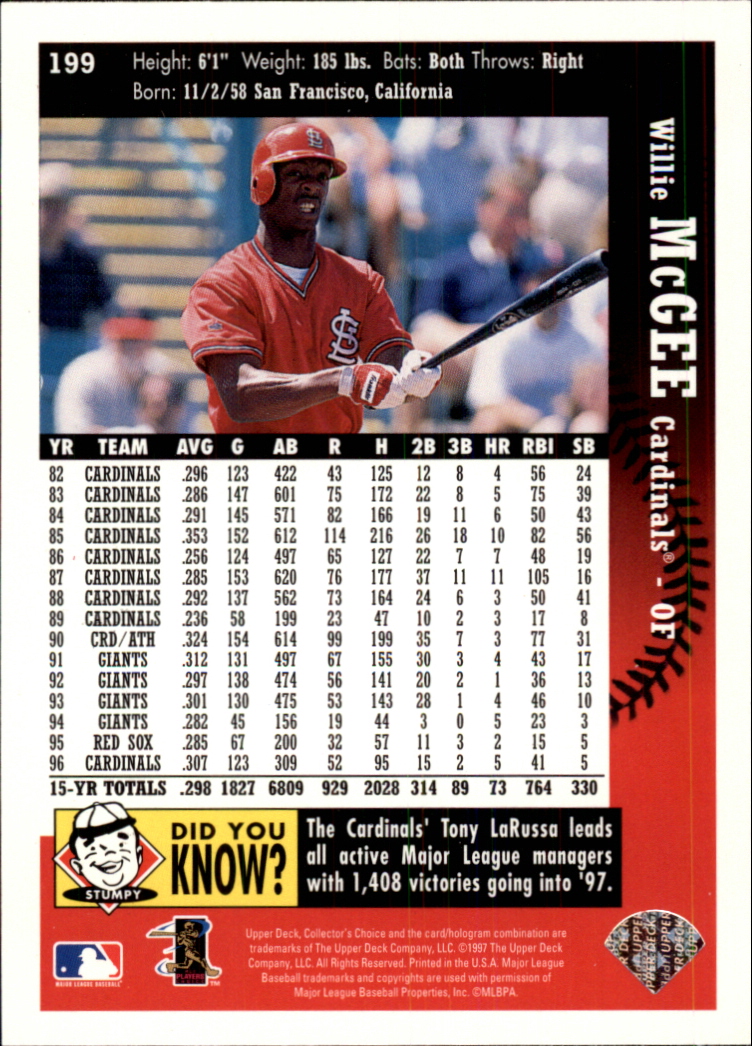 1997 Collector's Choice #199 Willie McGee back image