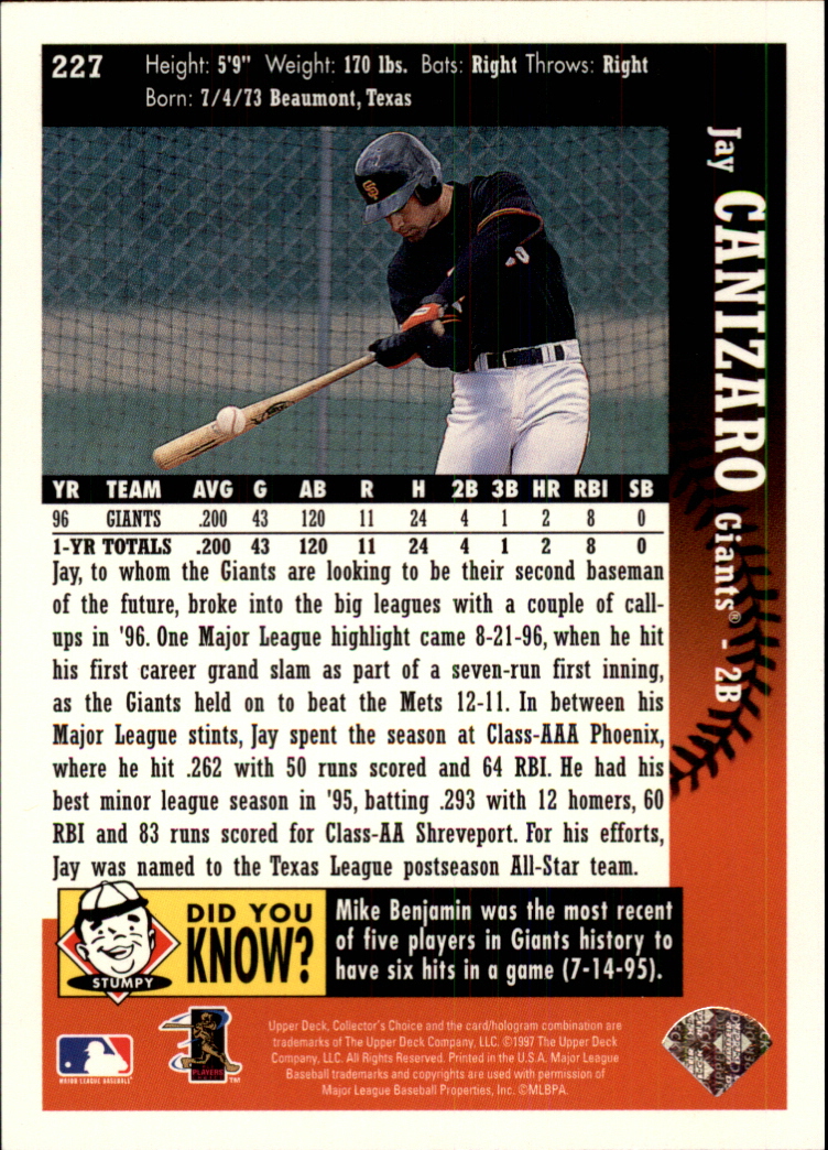 1997 Collector's Choice #227 Jay Canizaro back image