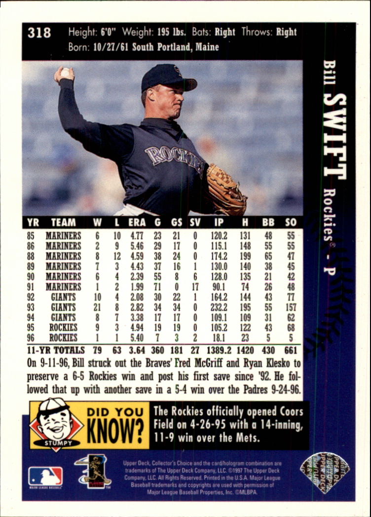 1997 Collector's Choice #318 Billy Swift back image