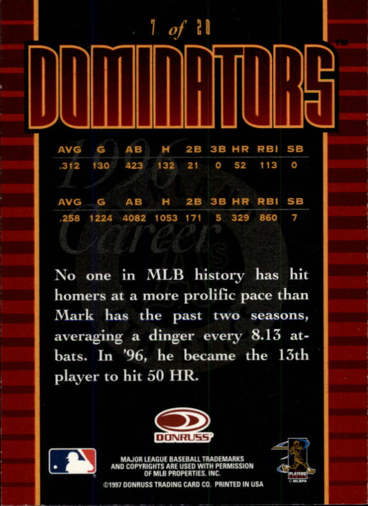 1997 Donruss Dominators #7 Mark McGwire back image