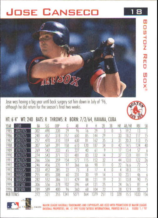 1997 Fleer #18 Jose Canseco back image