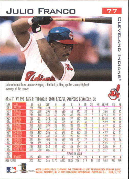 1997 Fleer #77 Julio Franco back image