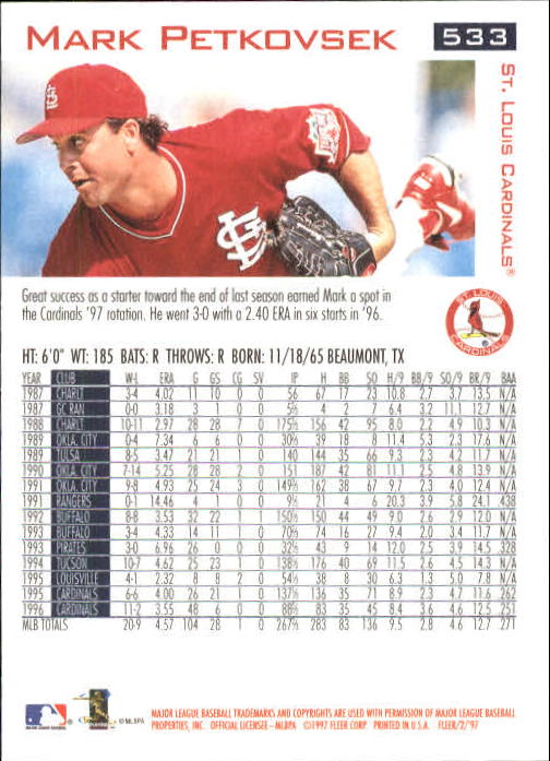 1997 Fleer Baseball "Main Set" Base Cards #401 to #600 - Picture 261 of 387