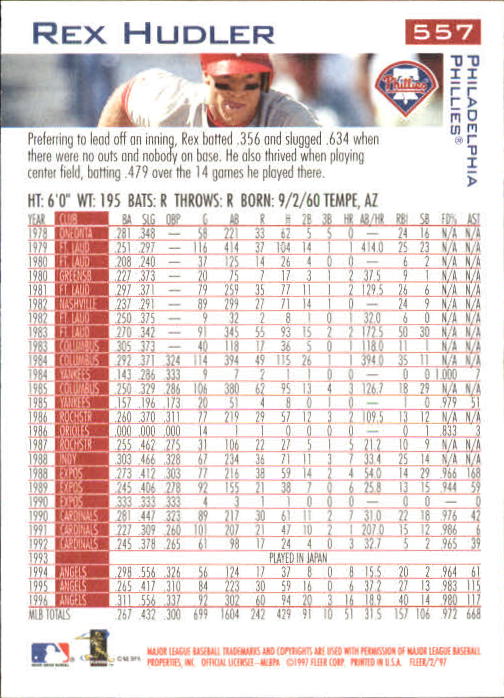 1997 Fleer Baseball "Main Set" Base Cards #401 to #600 - Picture 305 of 387