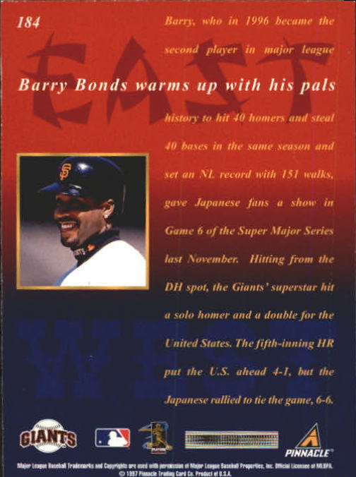 1997 New Pinnacle #184 Barry Bonds EMW back image