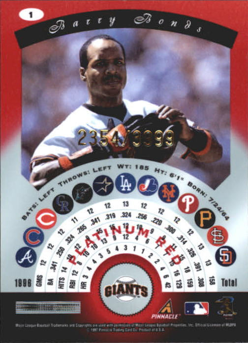 1997 Pinnacle Totally Certified Platinum Red #1 Barry Bonds back image