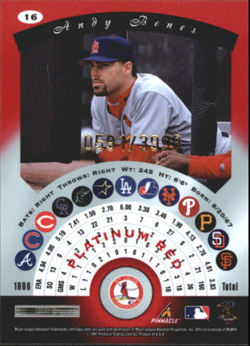 1997 Pinnacle Totally Certified Platinum Red #16 Andy  Benes back image