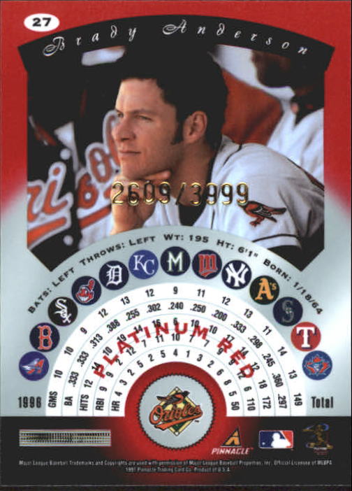 1997 Pinnacle Totally Certified Platinum Red #27 Brady Anderson back image