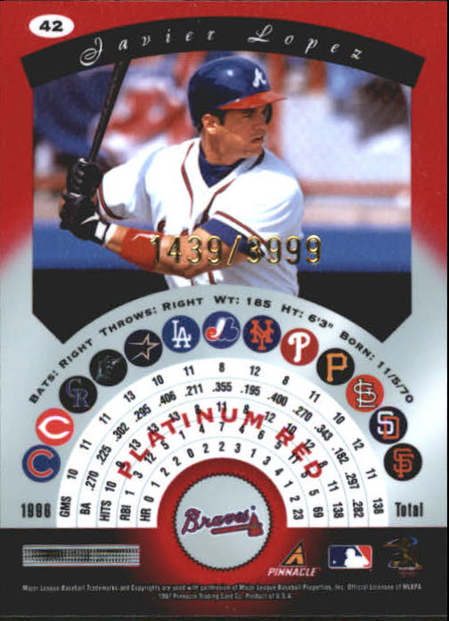 1997 Pinnacle Totally Certified Platinum Red #42 Javy Lopez back image