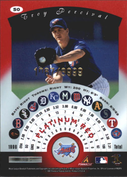 1997 Pinnacle Totally Certified Platinum Red #50 Troy Percival back image