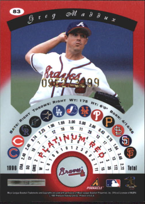 1997 Pinnacle Totally Certified Platinum Red #83 Greg Maddux back image