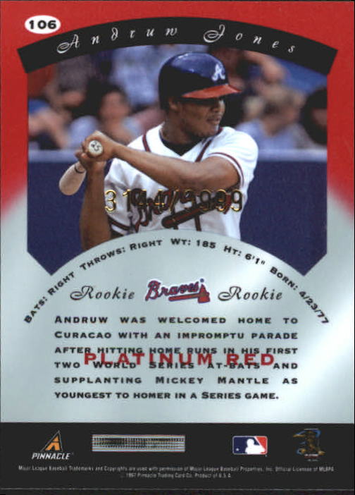 1997 Pinnacle Totally Certified Platinum Red #106 Andruw Jones back image