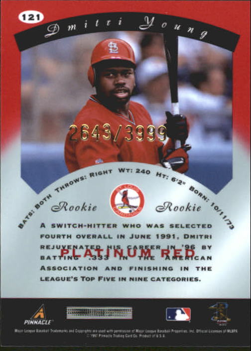 1997 Pinnacle Totally Certified Platinum Red #121 Dmitri Young back image