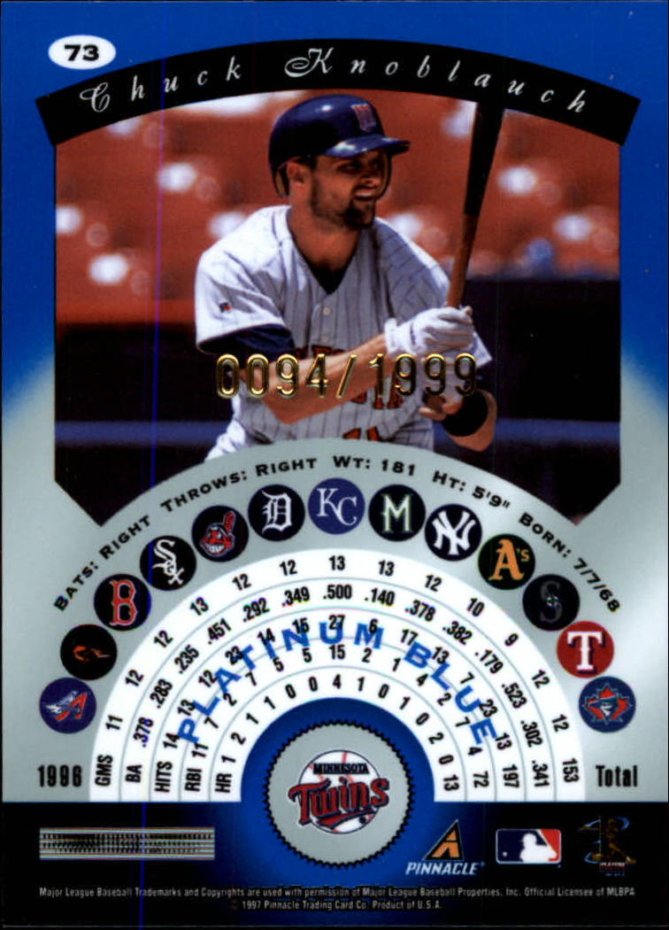 1997 Pinnacle Totally Certified Platinum Blue #73 Chuck Knoblauch back image