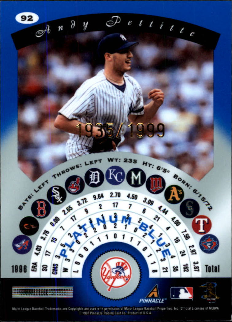 1997 Pinnacle Totally Certified Platinum Blue #92 Andy Pettitte back image