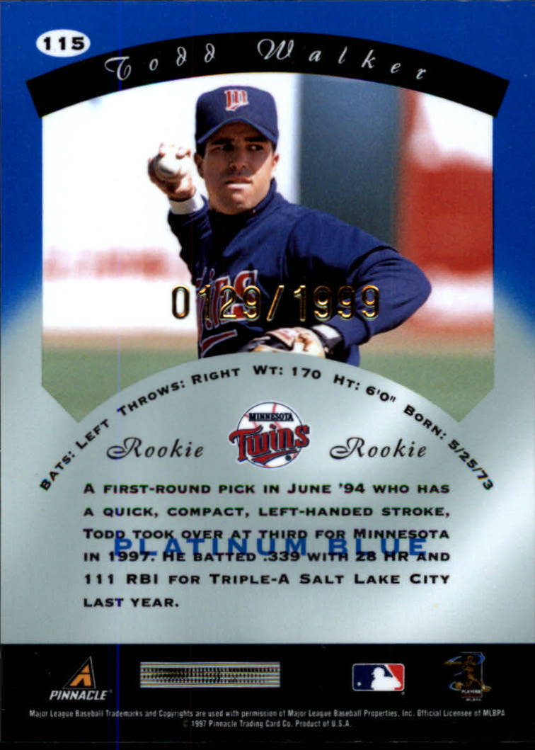 1997 Pinnacle Totally Certified Platinum Blue #115 Todd Walker back image