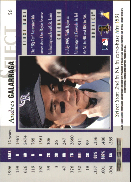 1997 Select Artist's Proofs #56 Andres Galarraga R back image