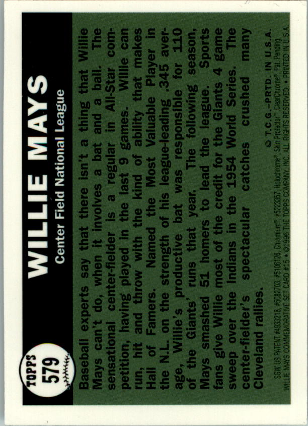 1997 Topps Mays Finest #15 Willie Mays back image