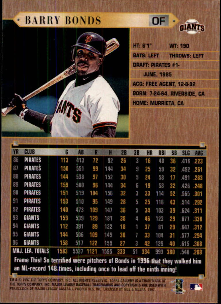 1997 Topps Gallery #42 Barry Bonds back image