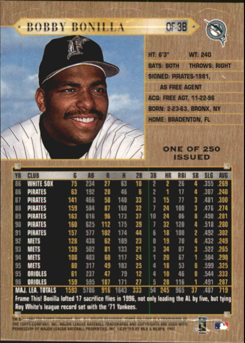 1997 Topps Gallery Player's Private Issue #16 Bobby Bonilla back image