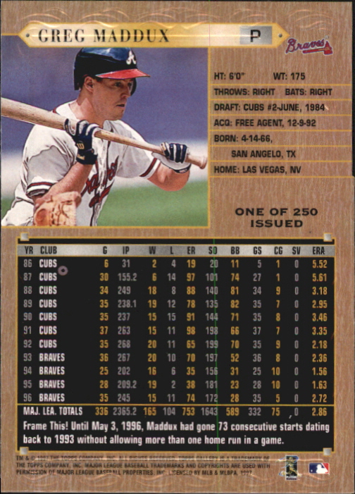 1997 Topps Gallery Player's Private Issue #26 Greg Maddux back image