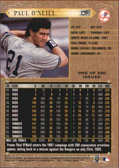1997 Topps Gallery Player's Private Issue #45 Paul O'Neill back image