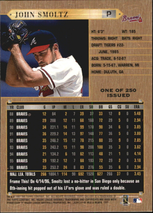 1997 Topps Gallery Player's Private Issue #51 John Smoltz back image