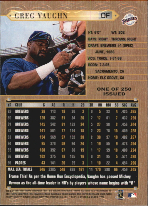 1997 Topps Gallery Player's Private Issue #75 Greg Vaughn back image