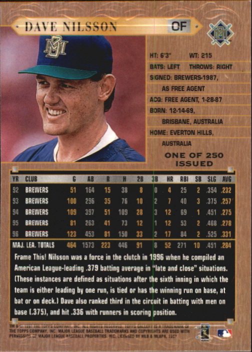 1997 Topps Gallery Player's Private Issue #97 Dave Nilsson back image