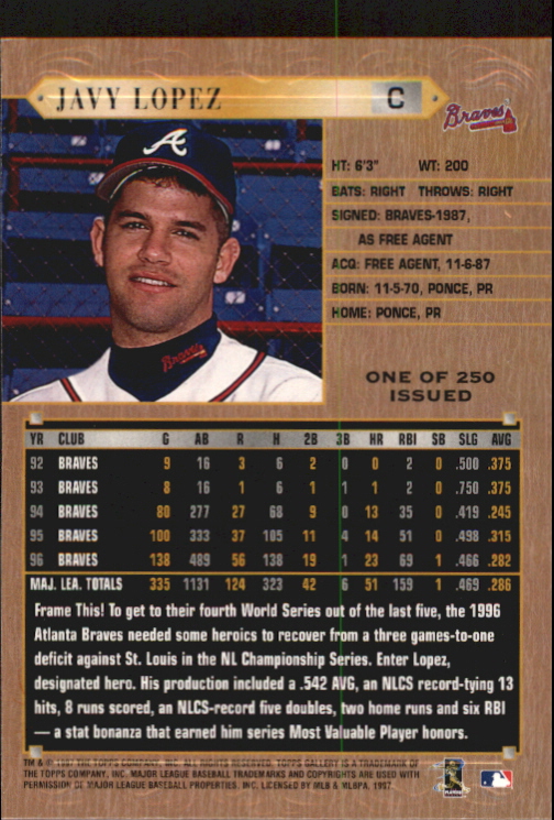 1997 Topps Gallery Player's Private Issue #100 Javy Lopez back image