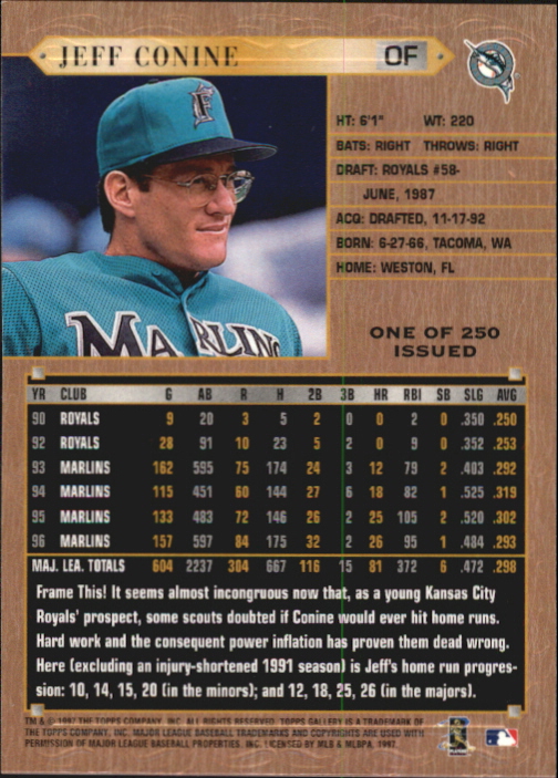 1997 Topps Gallery Player's Private Issue #114 Jeff Conine back image