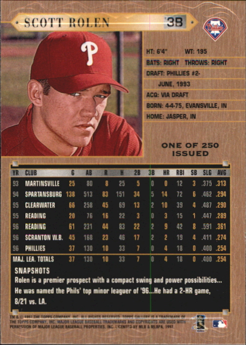 1997 Topps Gallery Player's Private Issue #154 Scott Rolen back image