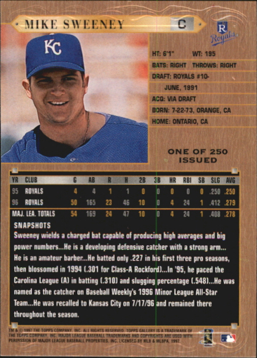 1997 Topps Gallery Player's Private Issue #168 Mike Sweeney back image